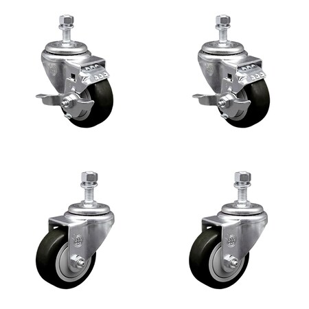 Service Caster 3.5 Inch Black Polyurethane Swivel 12mm Threaded Stem Caster Brake SCC, 2PK SCC-TS20S3514-PPUB-BLK-TLB-M1215-2S2